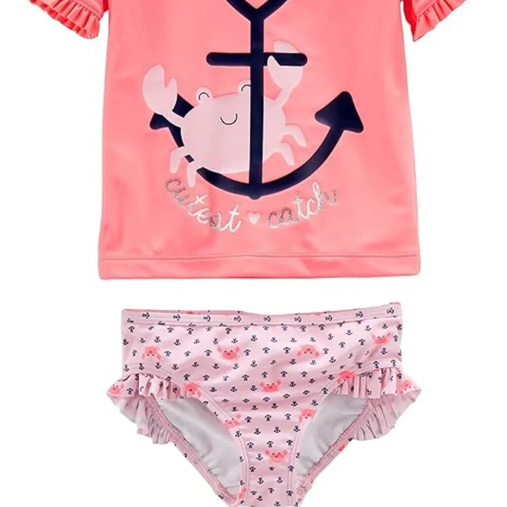 Simple Joys by Carter's Girls' 2-Piece Rashguard Pink Anchor Print Pink Crab​